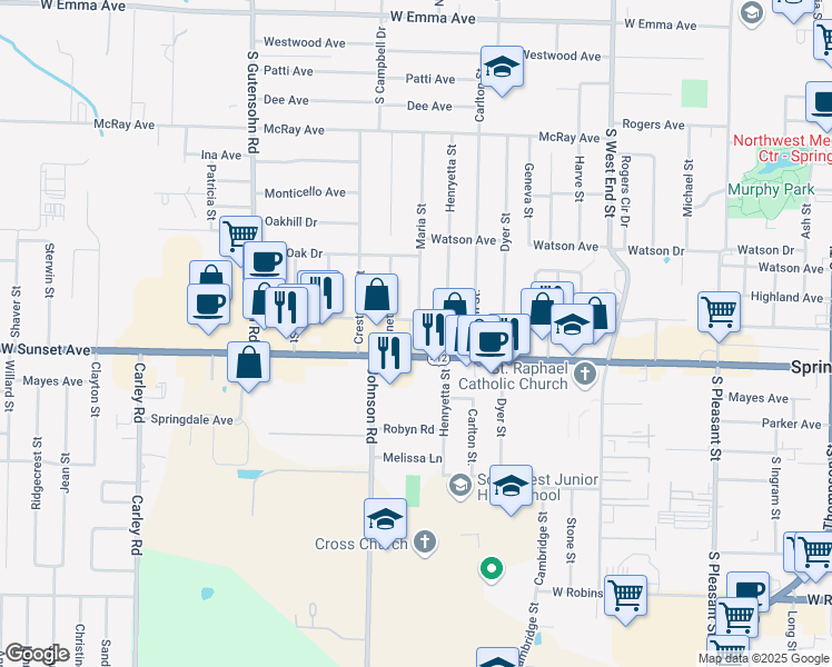 map of restaurants, bars, coffee shops, grocery stores, and more near 2250 West Sunset Avenue in Springdale
