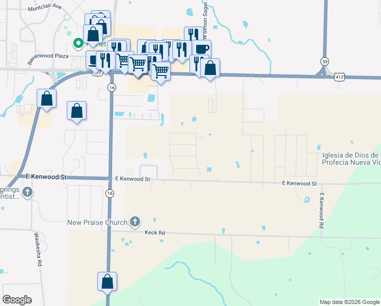 map of restaurants, bars, coffee shops, grocery stores, and more near 3203 East Kenwood Street in Siloam Springs