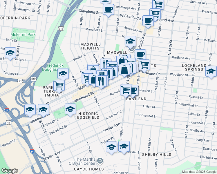 map of restaurants, bars, coffee shops, grocery stores, and more near 926 Woodland Street in Nashville