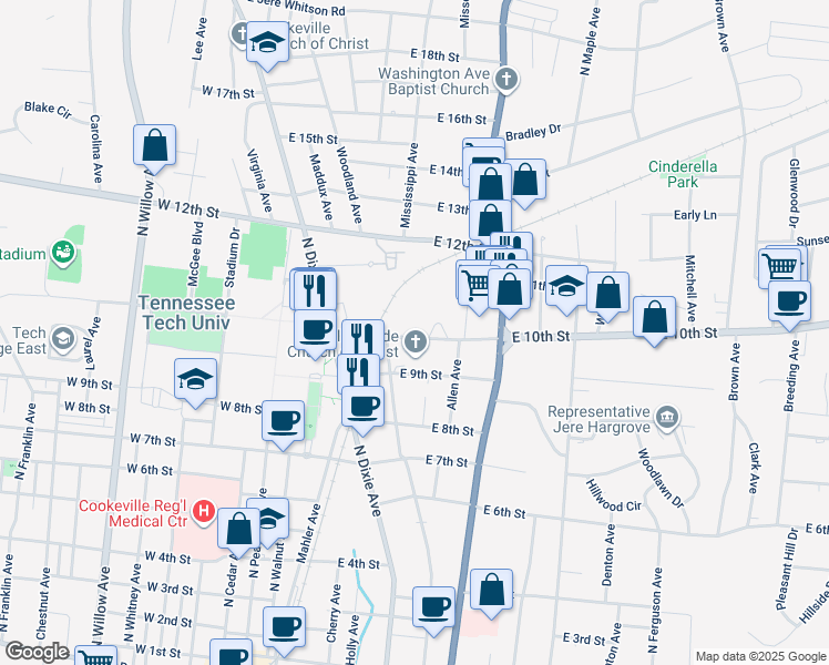 map of restaurants, bars, coffee shops, grocery stores, and more near 242 East 10th Street in Cookeville