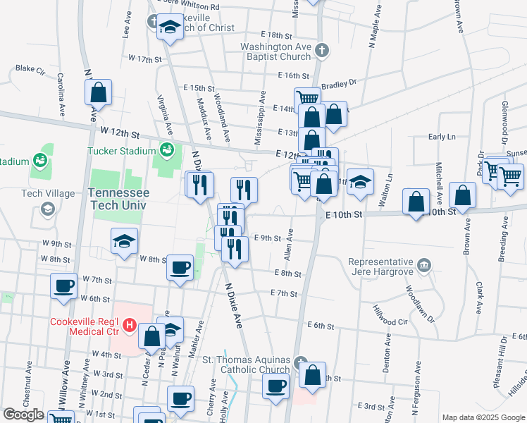map of restaurants, bars, coffee shops, grocery stores, and more near 242 East 10th Street in Cookeville