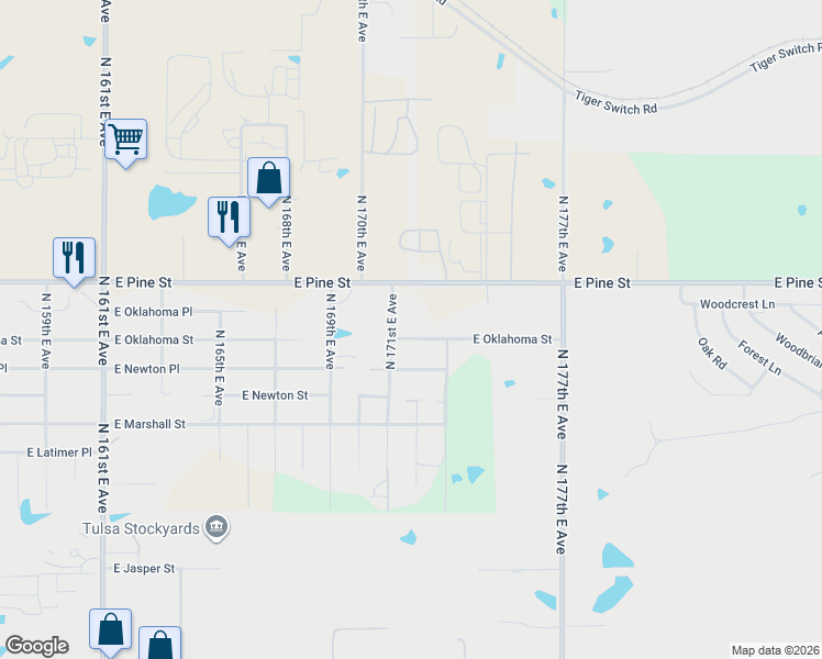 map of restaurants, bars, coffee shops, grocery stores, and more near 17261 East Oklahoma Street in Tulsa