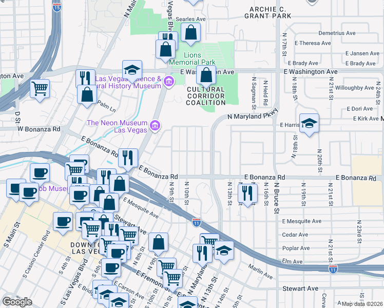 map of restaurants, bars, coffee shops, grocery stores, and more near 640 North 10th Street in Las Vegas