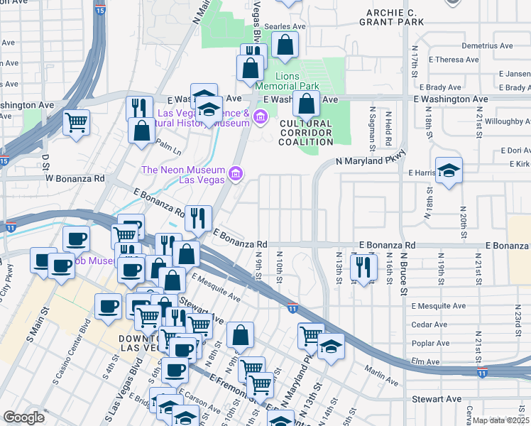 map of restaurants, bars, coffee shops, grocery stores, and more near 640 North 9th Street in Las Vegas