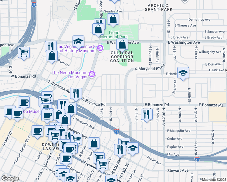 map of restaurants, bars, coffee shops, grocery stores, and more near 640 North 10th Street in Las Vegas
