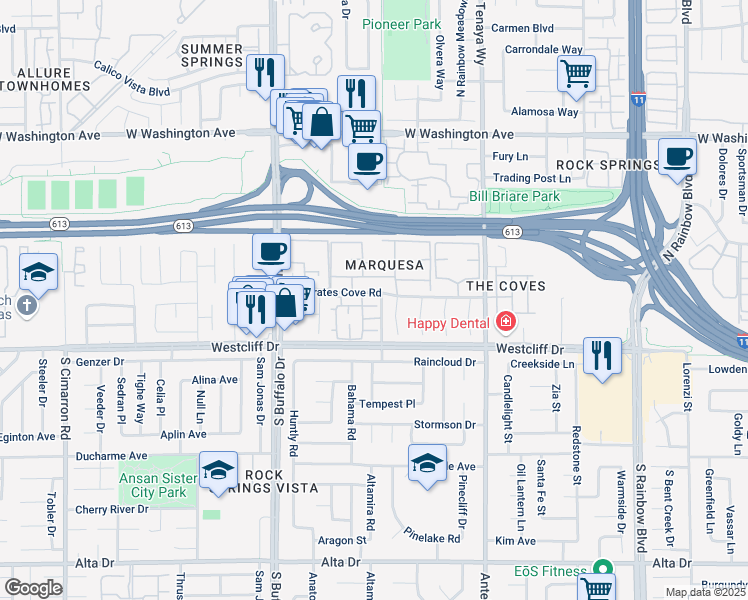 map of restaurants, bars, coffee shops, grocery stores, and more near 101 Luna Way in Las Vegas