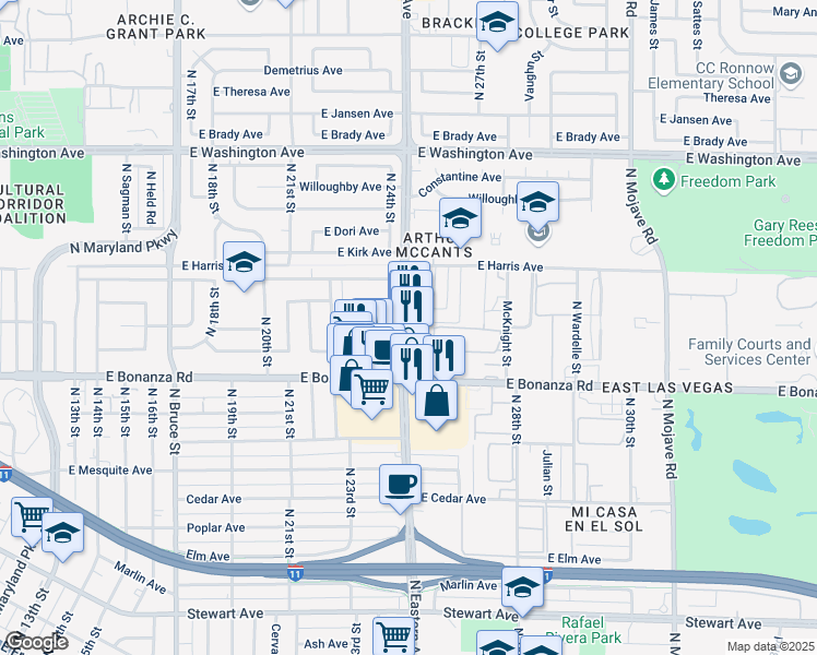 map of restaurants, bars, coffee shops, grocery stores, and more near 640 Poppy Lane in Las Vegas