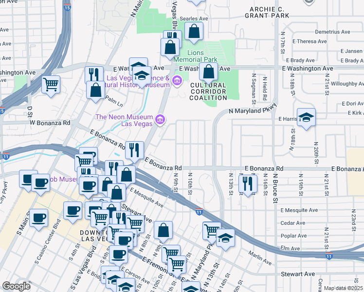 map of restaurants, bars, coffee shops, grocery stores, and more near 640 North 9th Street in Las Vegas