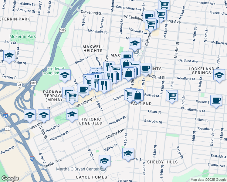 map of restaurants, bars, coffee shops, grocery stores, and more near 926 Woodland Street in Nashville