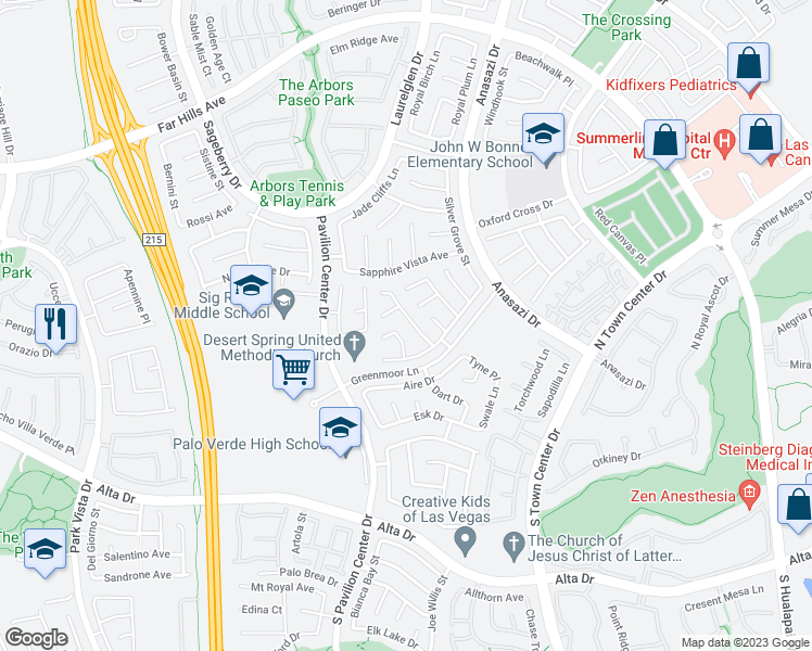 map of restaurants, bars, coffee shops, grocery stores, and more near 225 Emerald Vista Way in Las Vegas