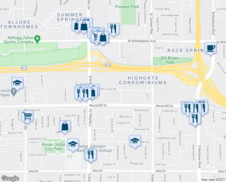 map of restaurants, bars, coffee shops, grocery stores, and more near 101 Luna Way in Las Vegas