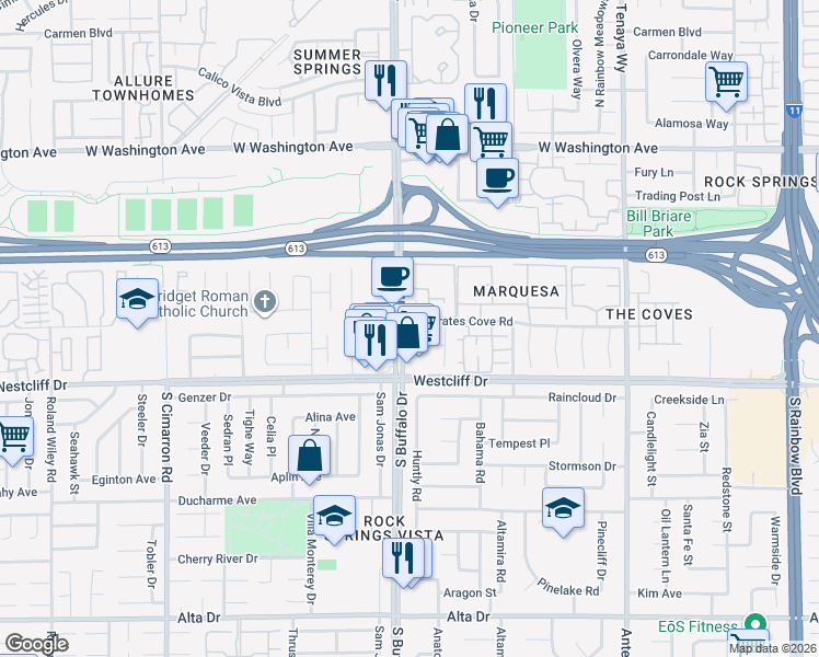 map of restaurants, bars, coffee shops, grocery stores, and more near 241 North Buffalo Drive in Las Vegas