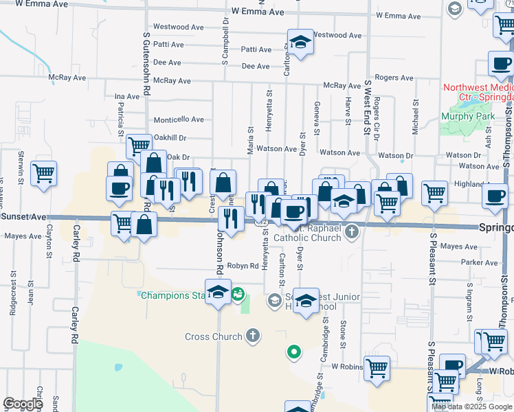 map of restaurants, bars, coffee shops, grocery stores, and more near 2250 West Sunset Avenue in Springdale