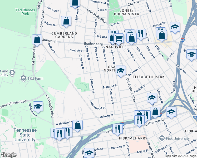 map of restaurants, bars, coffee shops, grocery stores, and more near 1613 23rd Avenue North in Nashville