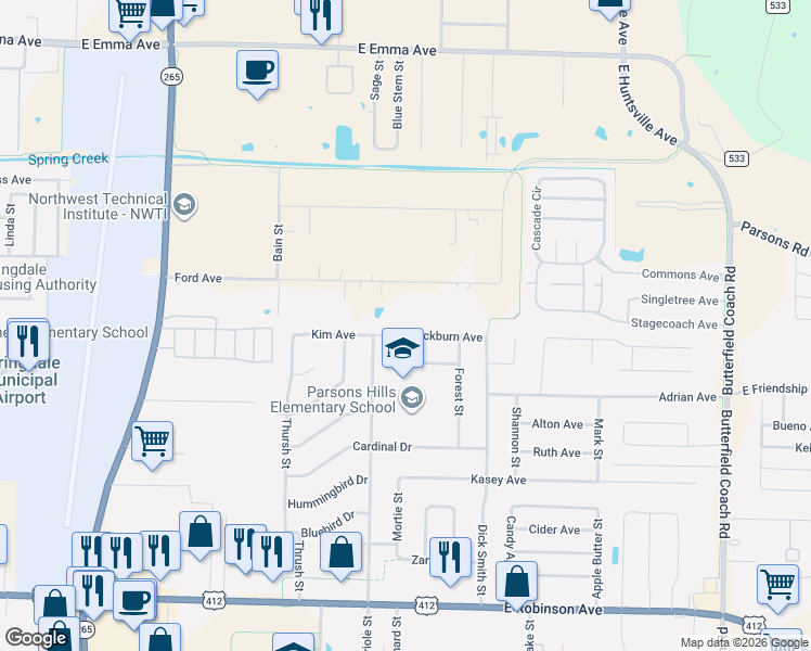 map of restaurants, bars, coffee shops, grocery stores, and more near 2212 Rockburn Avenue in Springdale