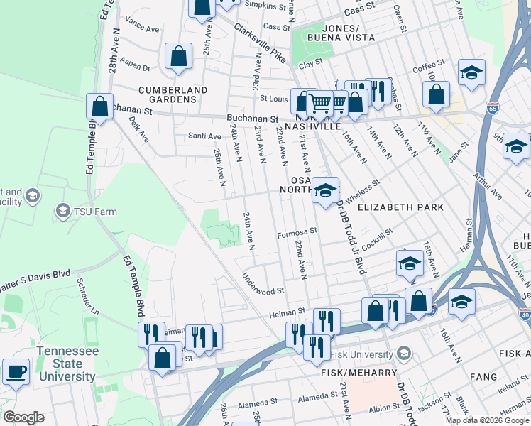 map of restaurants, bars, coffee shops, grocery stores, and more near 1613 23rd Avenue North in Nashville