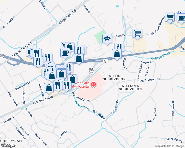 map of restaurants, bars, coffee shops, grocery stores, and more near 1420 Tusculum Boulevard in Greeneville