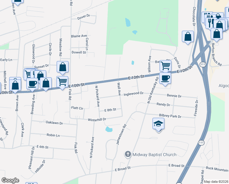 map of restaurants, bars, coffee shops, grocery stores, and more near 1280 Inglewood Drive in Cookeville