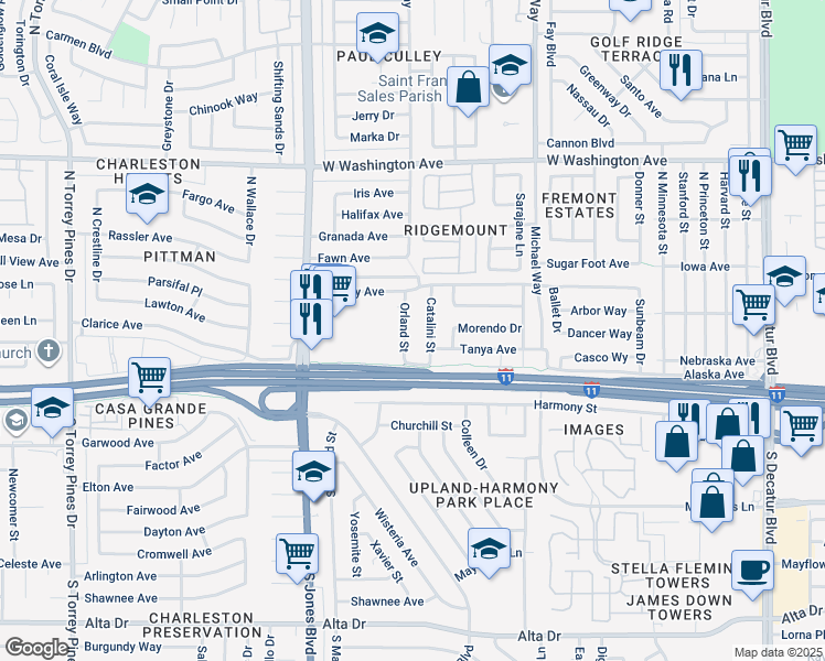 map of restaurants, bars, coffee shops, grocery stores, and more near 208 Orland Street in Las Vegas