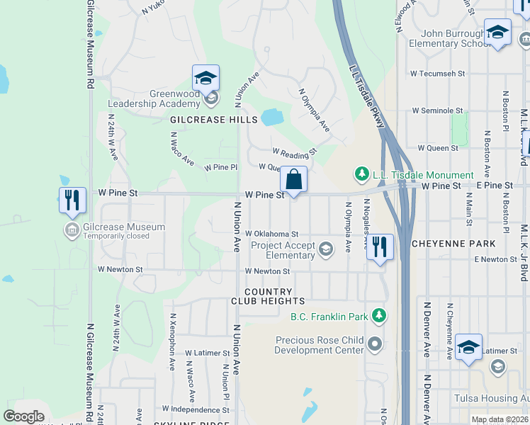 map of restaurants, bars, coffee shops, grocery stores, and more near 1430 North Santa Fe Avenue in Tulsa