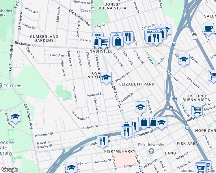 map of restaurants, bars, coffee shops, grocery stores, and more near 1623 Doctor D.B. Todd Junior Boulevard in Nashville