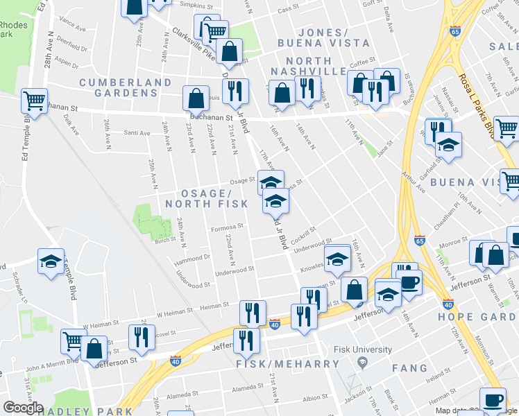 map of restaurants, bars, coffee shops, grocery stores, and more near 1623 Doctor D.B. Todd Junior Boulevard in Nashville