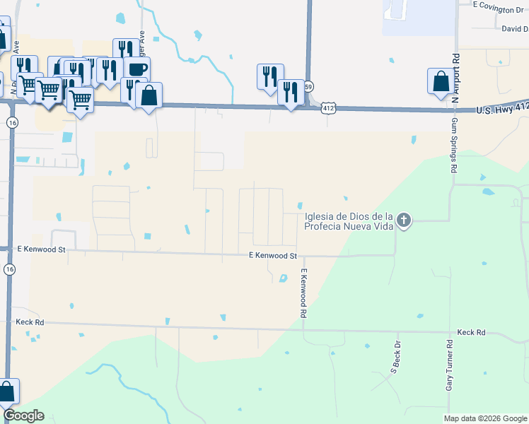 map of restaurants, bars, coffee shops, grocery stores, and more near 3901 East Kenwood Street in Siloam Springs