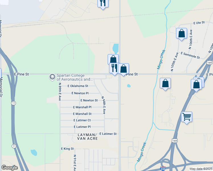 map of restaurants, bars, coffee shops, grocery stores, and more near 1345 N 95th E Ave in Tulsa