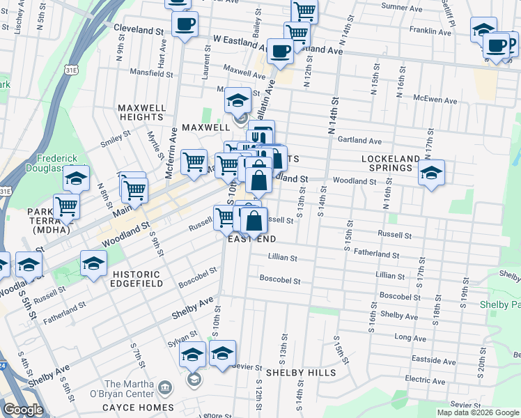 map of restaurants, bars, coffee shops, grocery stores, and more near 1107 Russell Street in Nashville