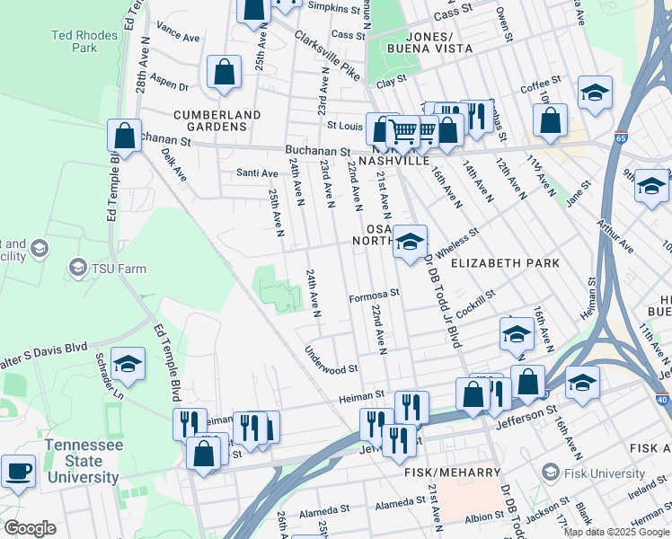map of restaurants, bars, coffee shops, grocery stores, and more near 1613 23rd Avenue North in Nashville