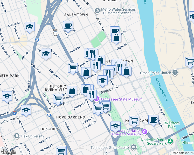 map of restaurants, bars, coffee shops, grocery stores, and more near 1225 6th Avenue North in Nashville