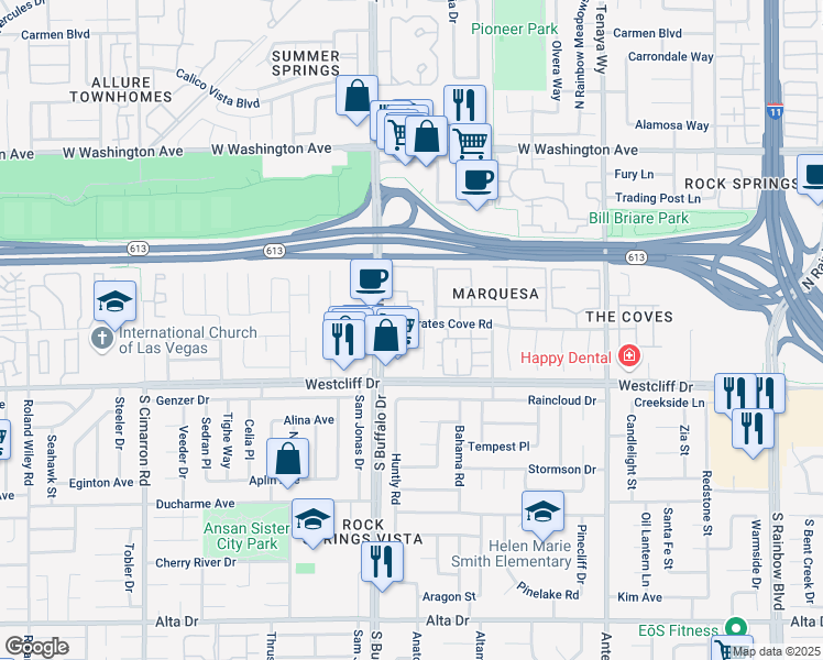 map of restaurants, bars, coffee shops, grocery stores, and more near 7409 West Pirates Cove Road in Las Vegas
