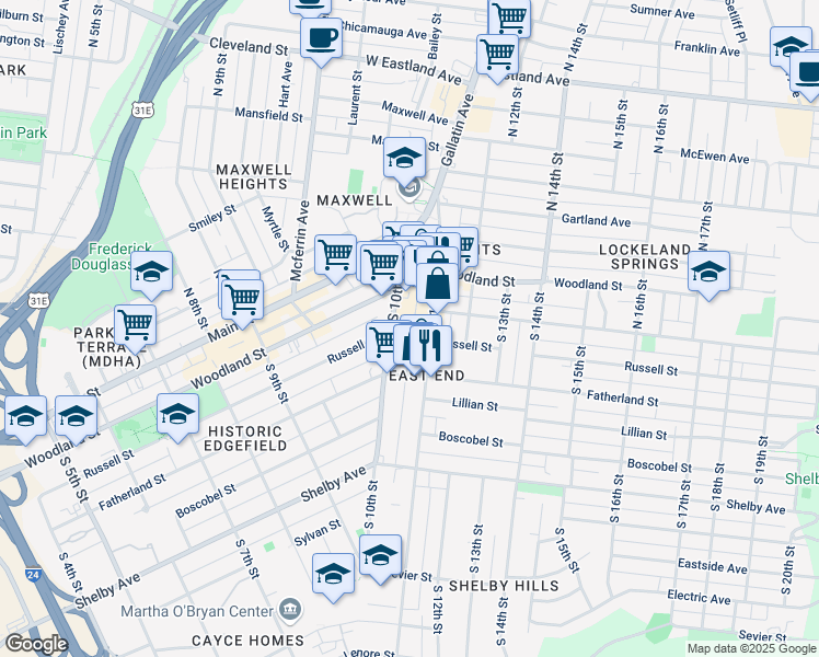 map of restaurants, bars, coffee shops, grocery stores, and more near 1020 Russell Street in Nashville