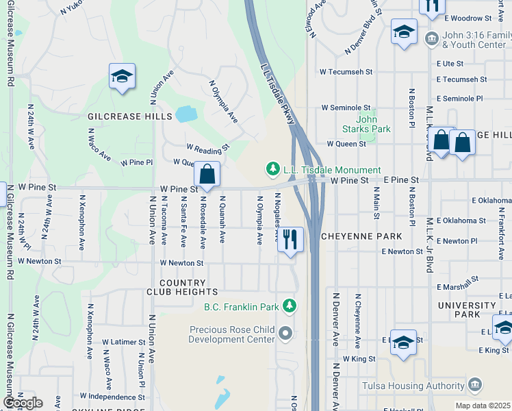 map of restaurants, bars, coffee shops, grocery stores, and more near 1432 North Olympia Avenue in Tulsa