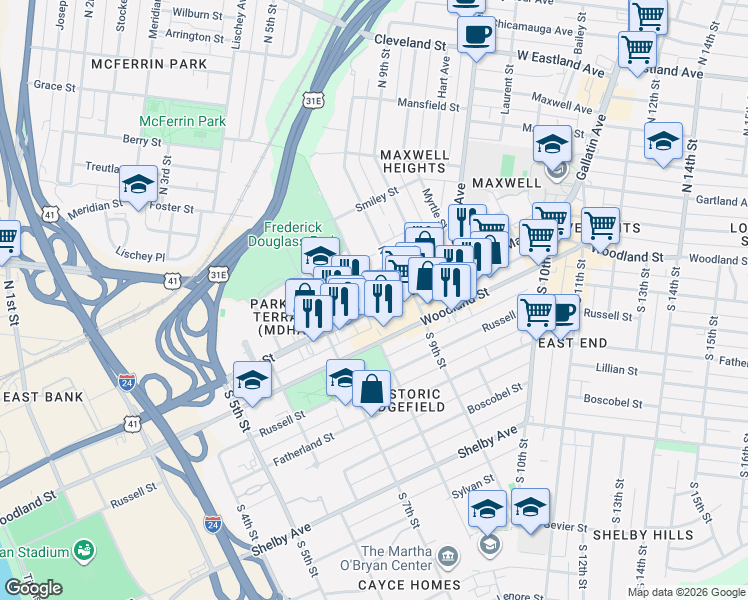 map of restaurants, bars, coffee shops, grocery stores, and more near 803 Main Street in Nashville