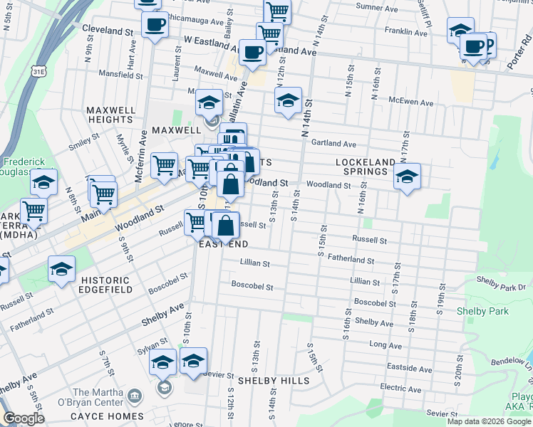 map of restaurants, bars, coffee shops, grocery stores, and more near 1212 Holly Street in Nashville