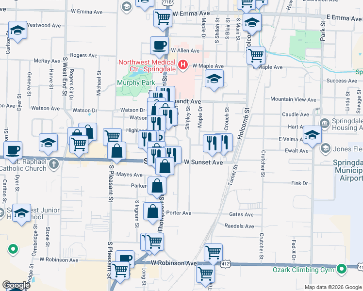 map of restaurants, bars, coffee shops, grocery stores, and more near 1004 Shipley Street in Springdale