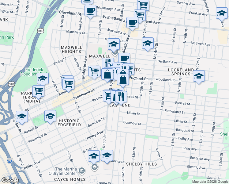 map of restaurants, bars, coffee shops, grocery stores, and more near 1020 Russell Street in Nashville