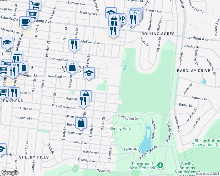 map of restaurants, bars, coffee shops, grocery stores, and more near 1902 Oakhill Drive in Nashville