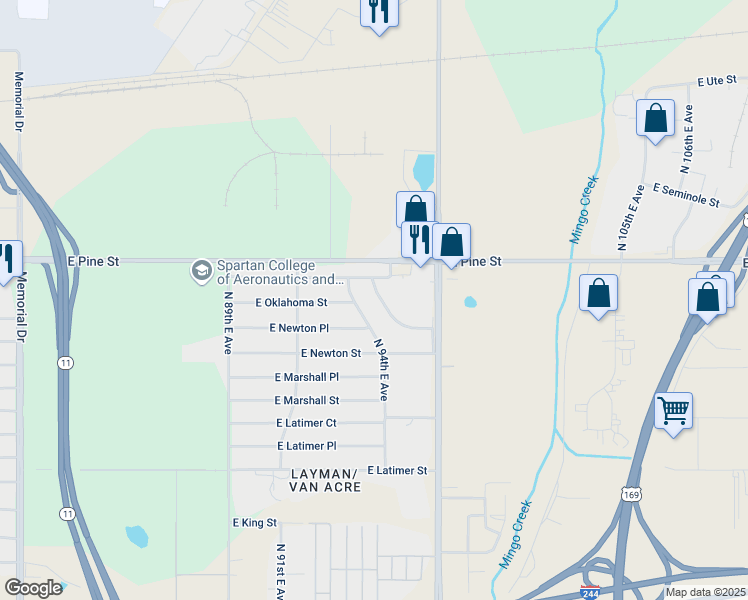 map of restaurants, bars, coffee shops, grocery stores, and more near 1345 North 95th East Avenue in Tulsa