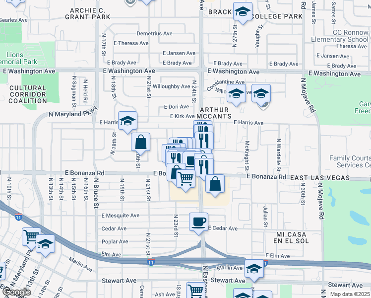 map of restaurants, bars, coffee shops, grocery stores, and more near 2405 East Wilson Avenue in Las Vegas