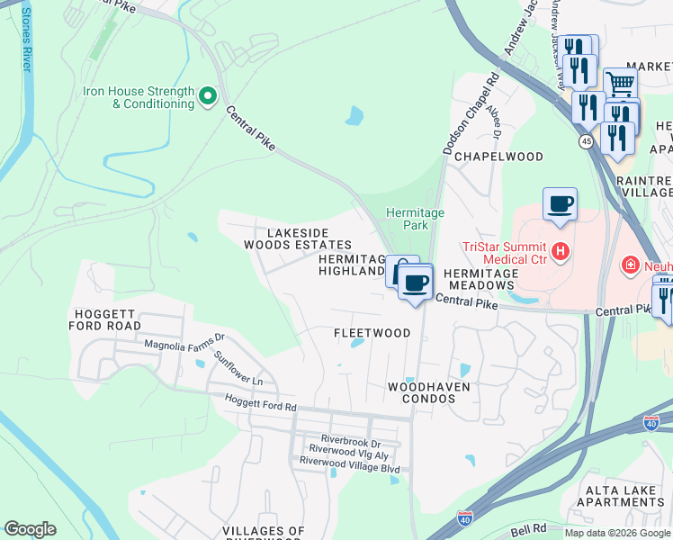 map of restaurants, bars, coffee shops, grocery stores, and more near 137 Lakeside Court in Nashville