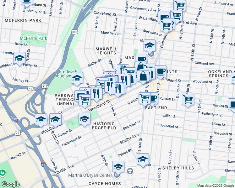 map of restaurants, bars, coffee shops, grocery stores, and more near 917 Woodland Street in Nashville