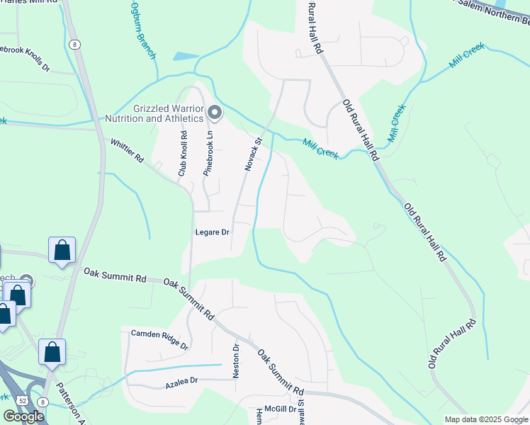 map of restaurants, bars, coffee shops, grocery stores, and more near 5630 Saddler Drive in Winston-Salem