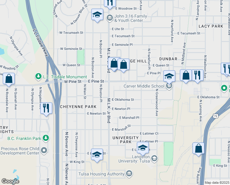 map of restaurants, bars, coffee shops, grocery stores, and more near 220 East Oklahoma Place in Tulsa