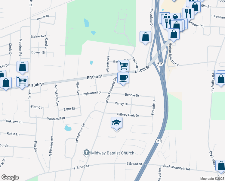 map of restaurants, bars, coffee shops, grocery stores, and more near 1510 Bennie Drive in Cookeville
