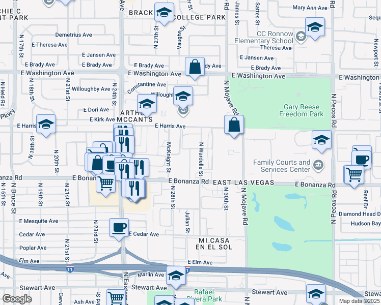 map of restaurants, bars, coffee shops, grocery stores, and more near 645 North Wardelle Street in Las Vegas