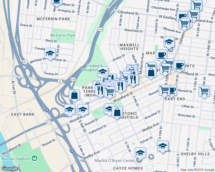 map of restaurants, bars, coffee shops, grocery stores, and more near 715 Main Street in Nashville