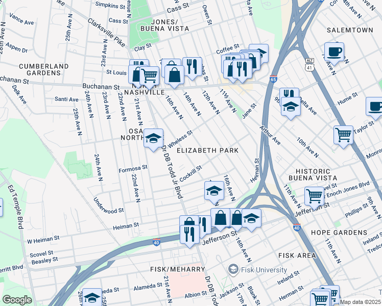 map of restaurants, bars, coffee shops, grocery stores, and more near 1607B 16th Avenue North in Nashville