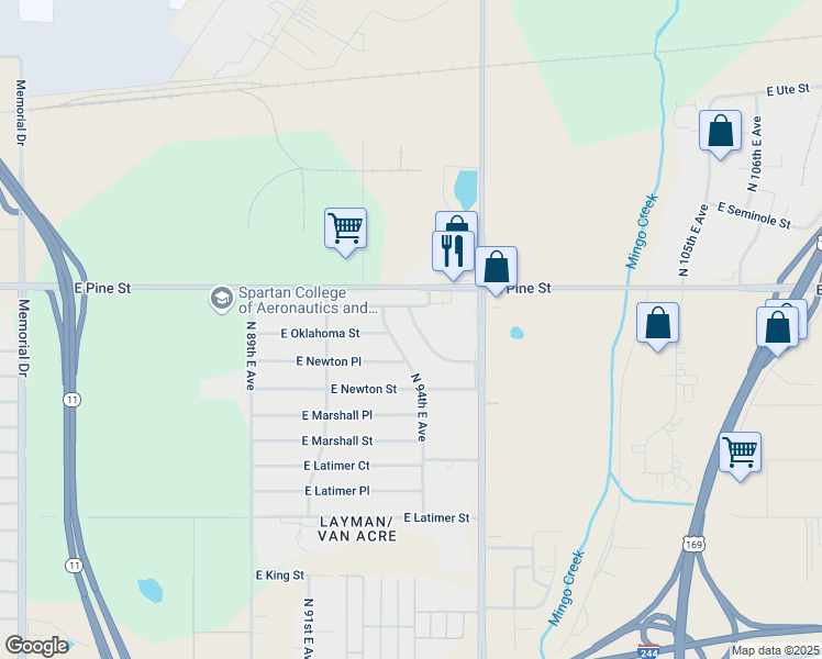 map of restaurants, bars, coffee shops, grocery stores, and more near 1345 North 95th East Avenue in Tulsa